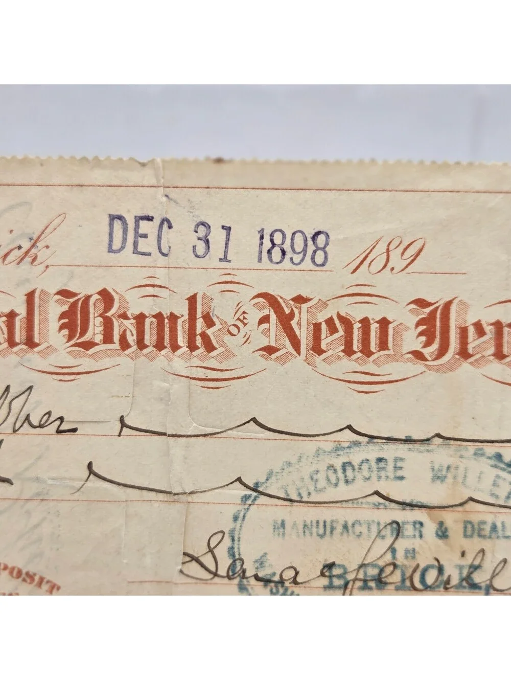 1898 National Bank of New Jersey Check New Brunswick Revenue Stamp Antique